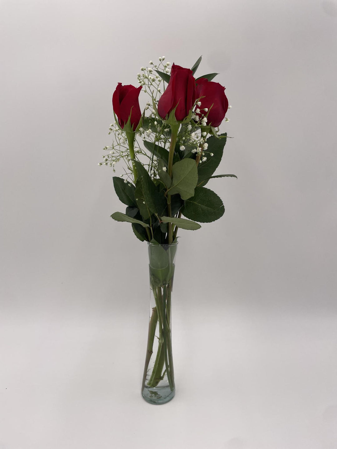 3 Red Roses in Tall Clear Vase