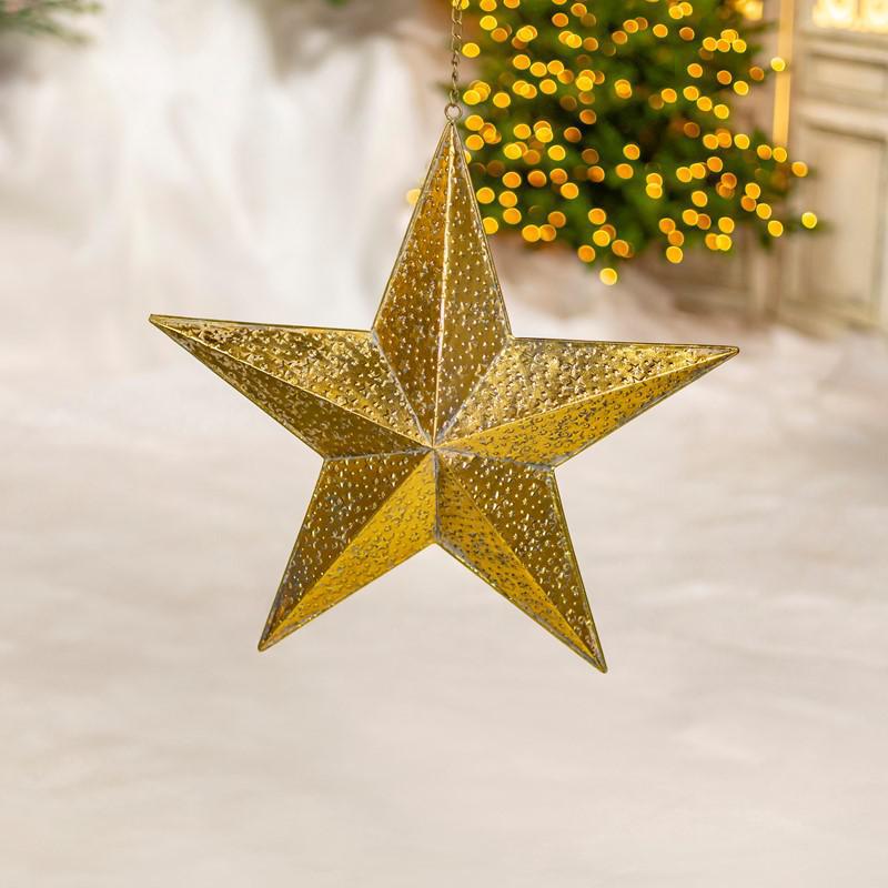 19.49" Long Brushed Gold Hanging Five Point Star Metal Decoration "Christmas Star" - ZR233018-E