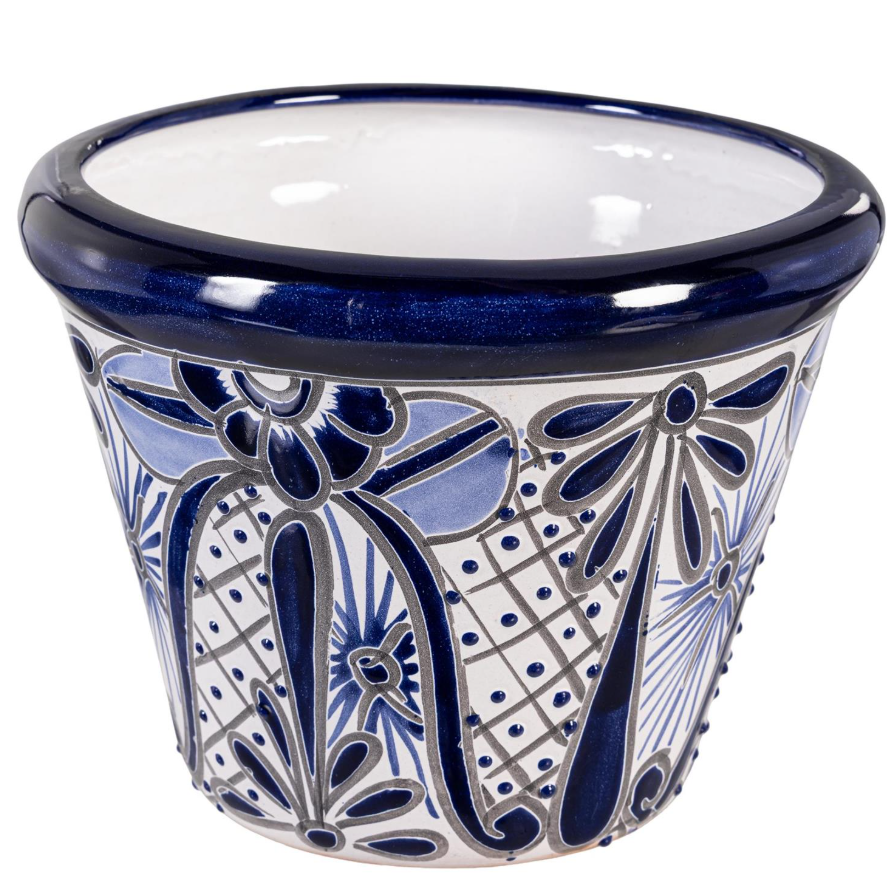 Talavera - 9.5" Blue and White Planter w/ Blue Edge - GUQN4AS26