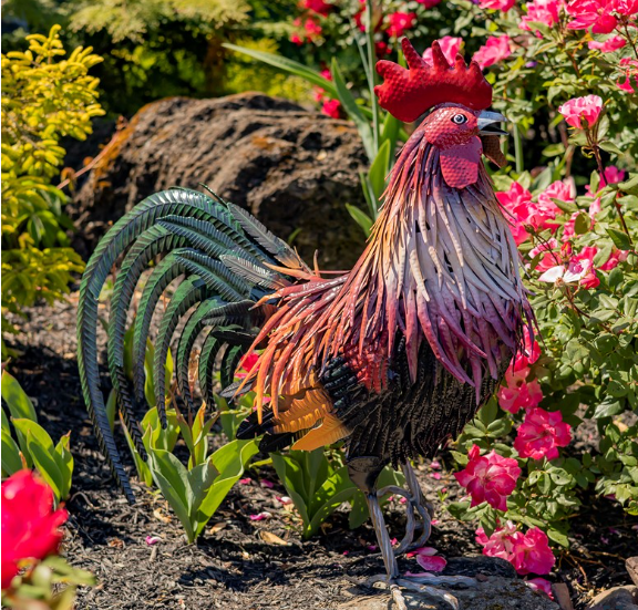 28" Tall Painted Iron Rooster Decoration "Leopold" ZR220904